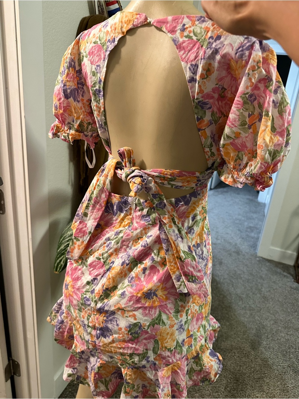 Hello Molly Pink Multi Floral Open-Back Puff Sleeve Camisole Dress
